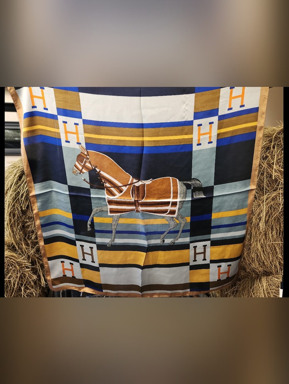 Hermès Equestrian Striped Silk Scarf in Blue, Black, Brown and Gold Tones